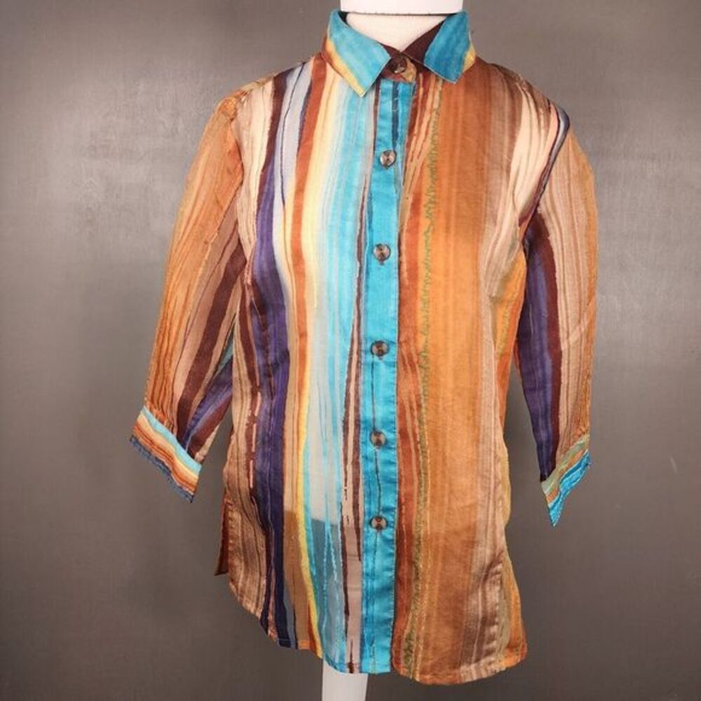 Erin London Women's Blouse Small Wearable Art Sheer Print Button Up‎